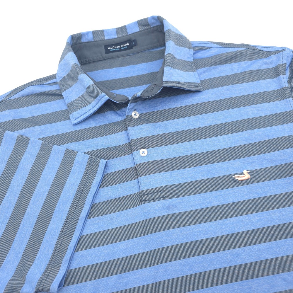 Southern Marsh Mens Large Blue Gray Striped Short Sleeve Performance Polo Shirt